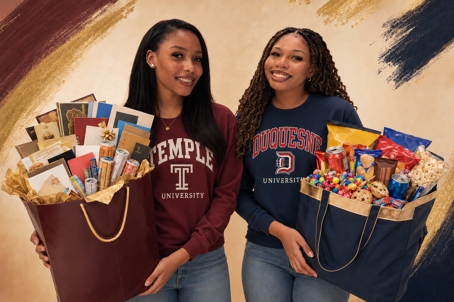 Bobby in a Temple-inspired shirt holding a gift and lottery-ticket bag beside Charley in a Duquesne-inspired shirt holding an overflowing snack bag